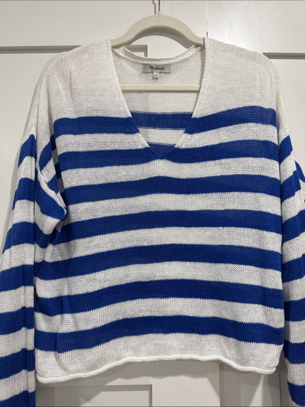 Madewell Royal Blue and White Striped V‑Neck Sweater